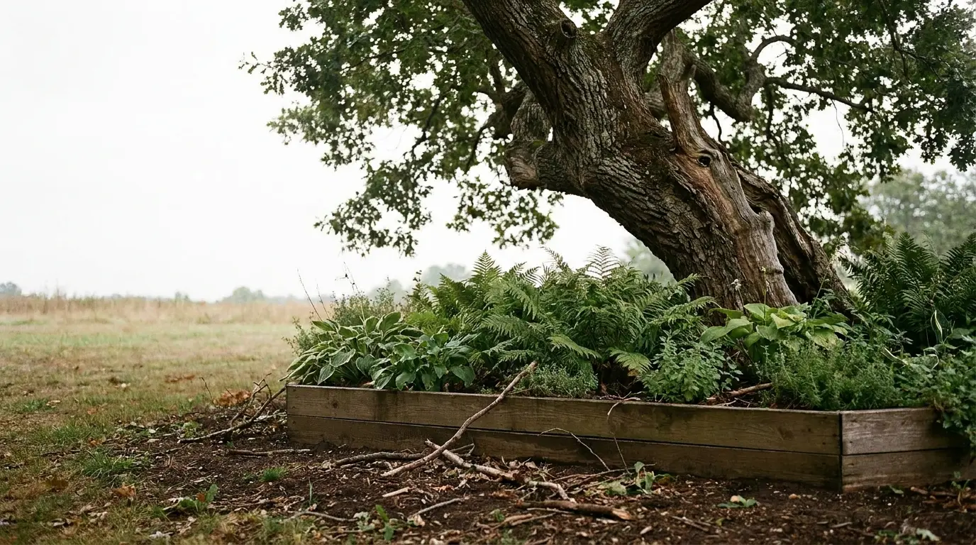 Lush green plants in raised wooden bed under large tree in rural outdoor setting