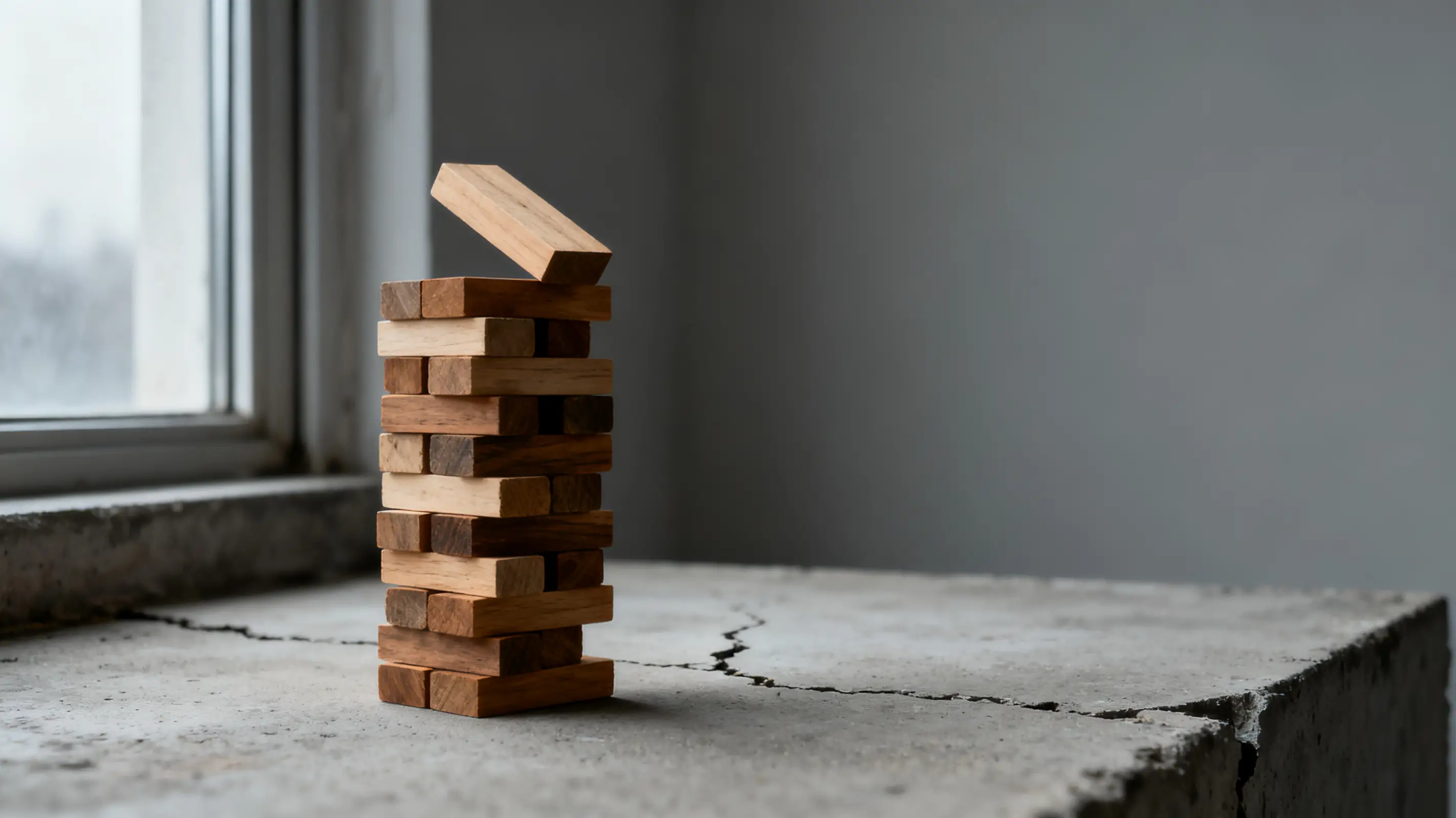 Stack of wooden blocks on cracked concrete surface near window in dimly lit room