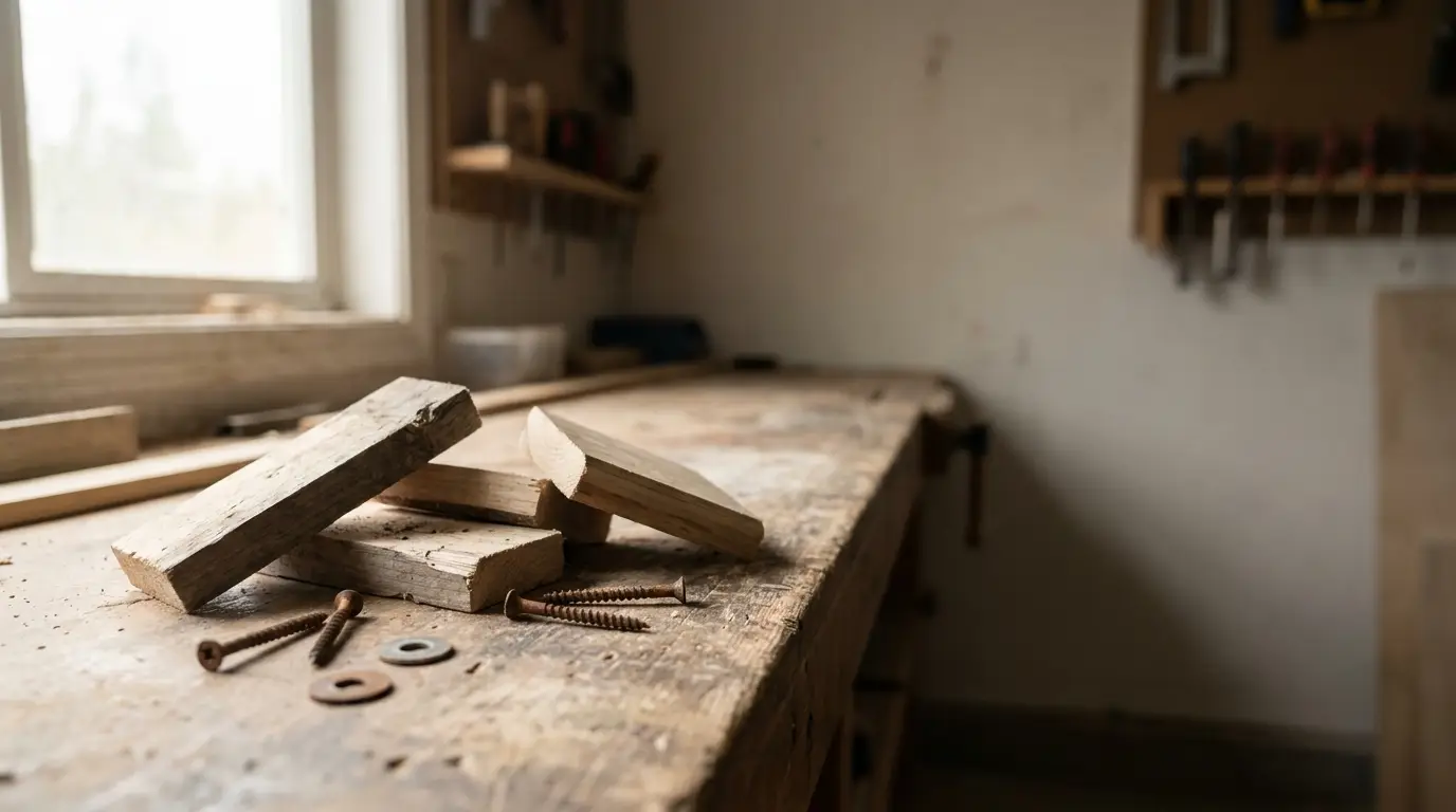 Wooden planks and screws on a rustic workbench in a carpentry workshop