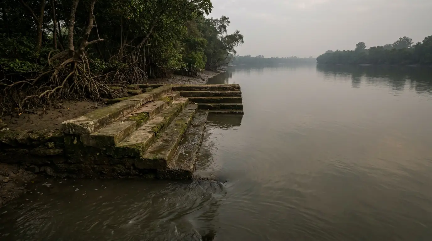 Stone steps leading into a calm river surrounded by dense mangrove trees