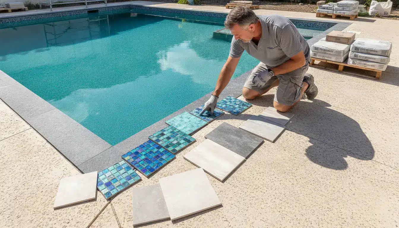 Man kneeling by pool selecting ceramic tiles in sunny outdoor setting