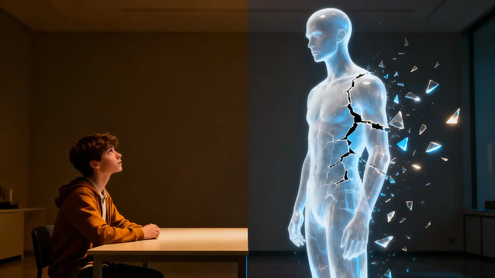 Young person sitting at table facing holographic human figure in dark room