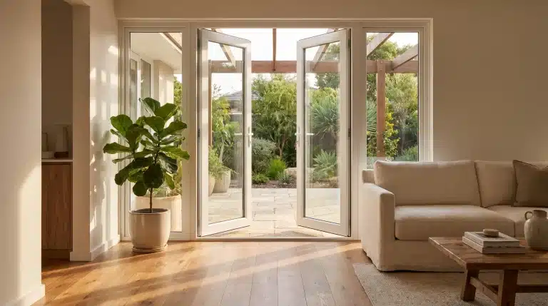 Open patio doors leading to lush garden in cozy living room with potted plant and beige sofa