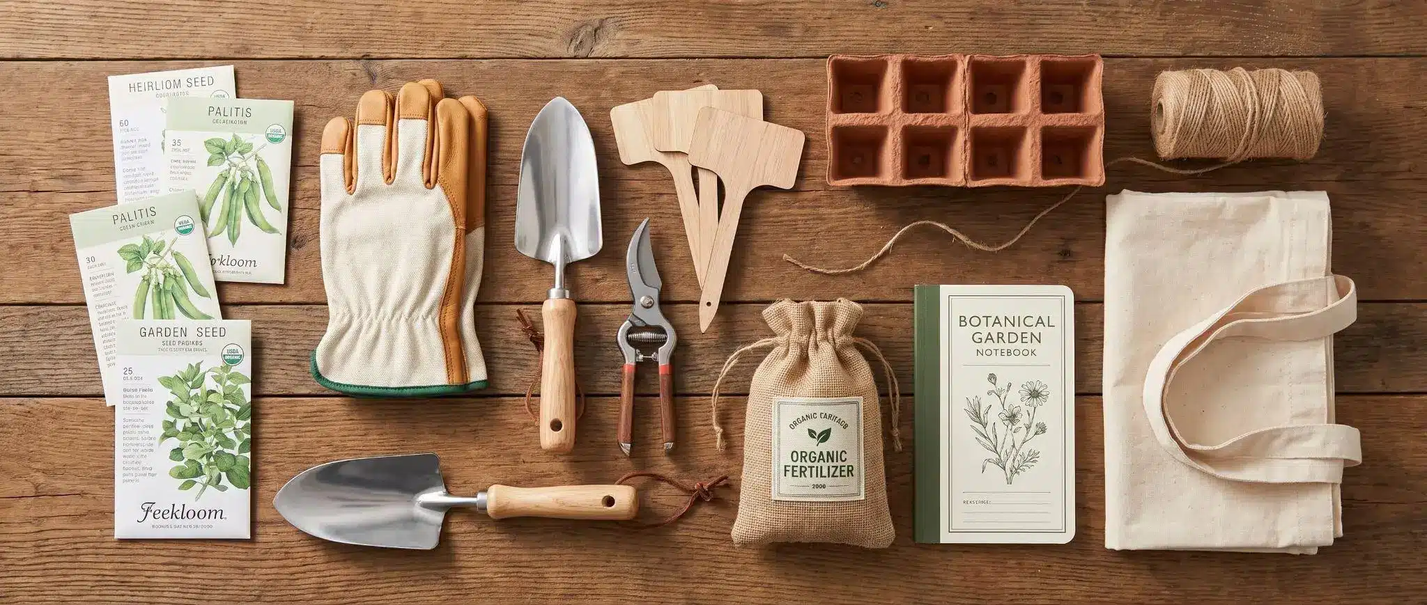 Gardening tools and seeds arranged on wooden table with gloves, trowel, and organic fertilizer