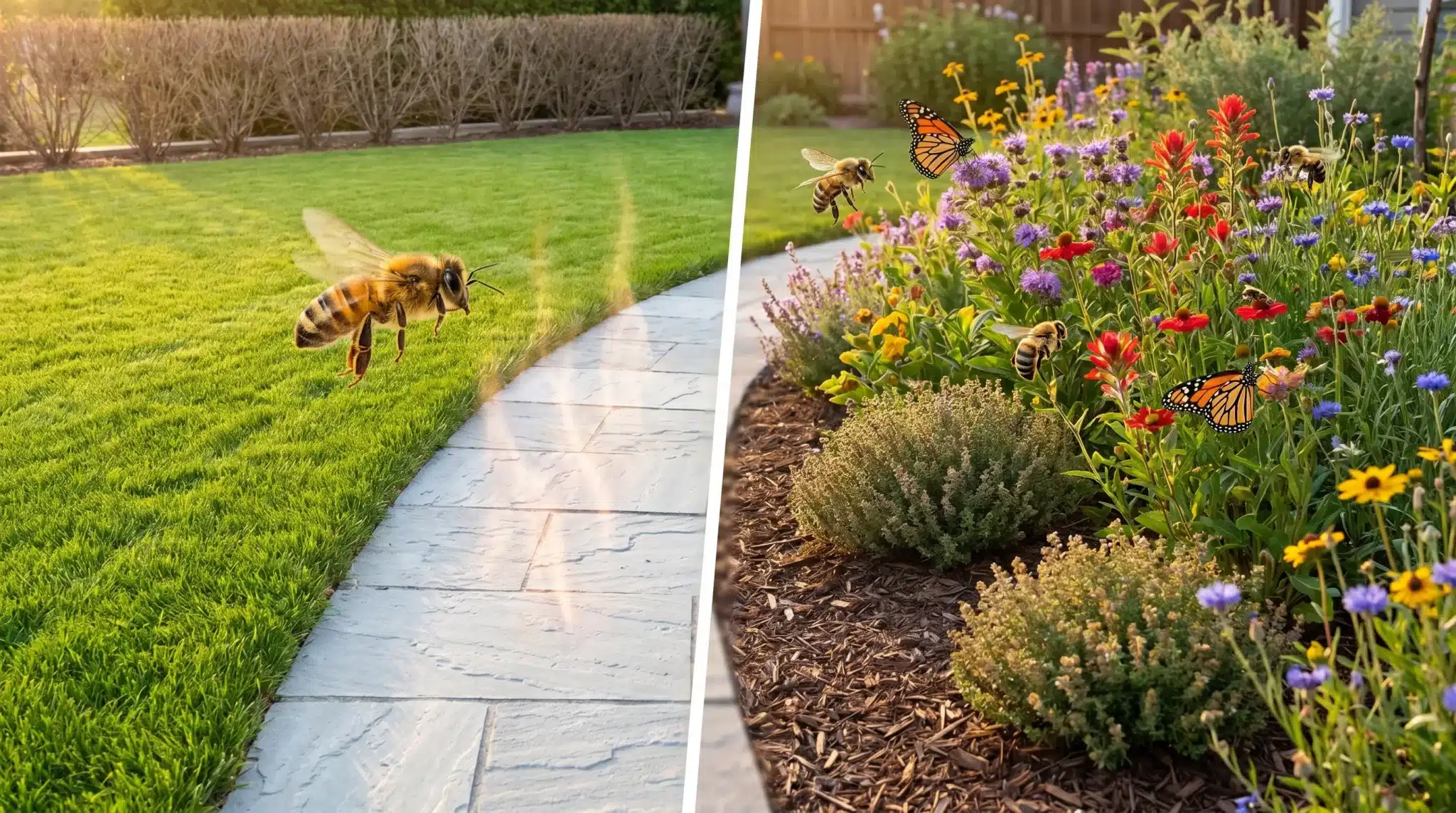 Close-up of bee flying over a lush lawn and a colorful wildflower garden with butterflies.