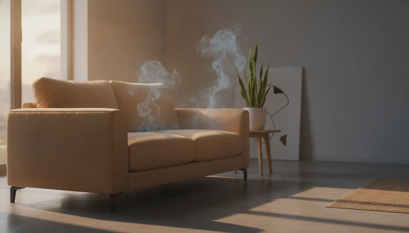 Beige sofa in modern living room with floating smoke, potted plant, and sunlight streaming in
