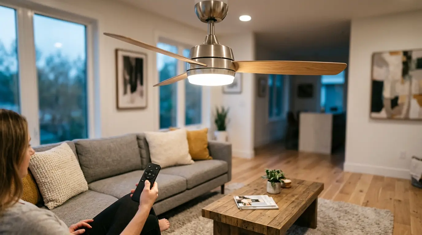 Ceiling fan with wooden blades in cozy living room with gray couch and wooden coffee table