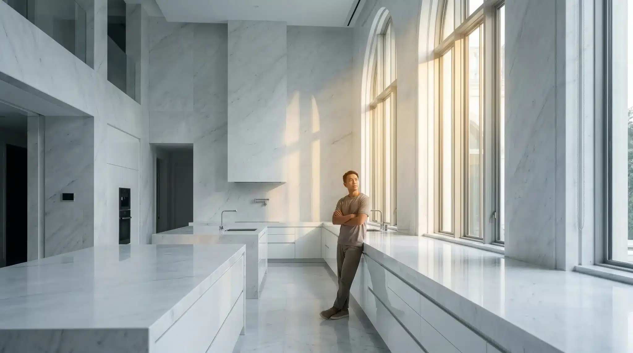Man standing in spacious marble kitchen with tall windows and natural light streaming in
