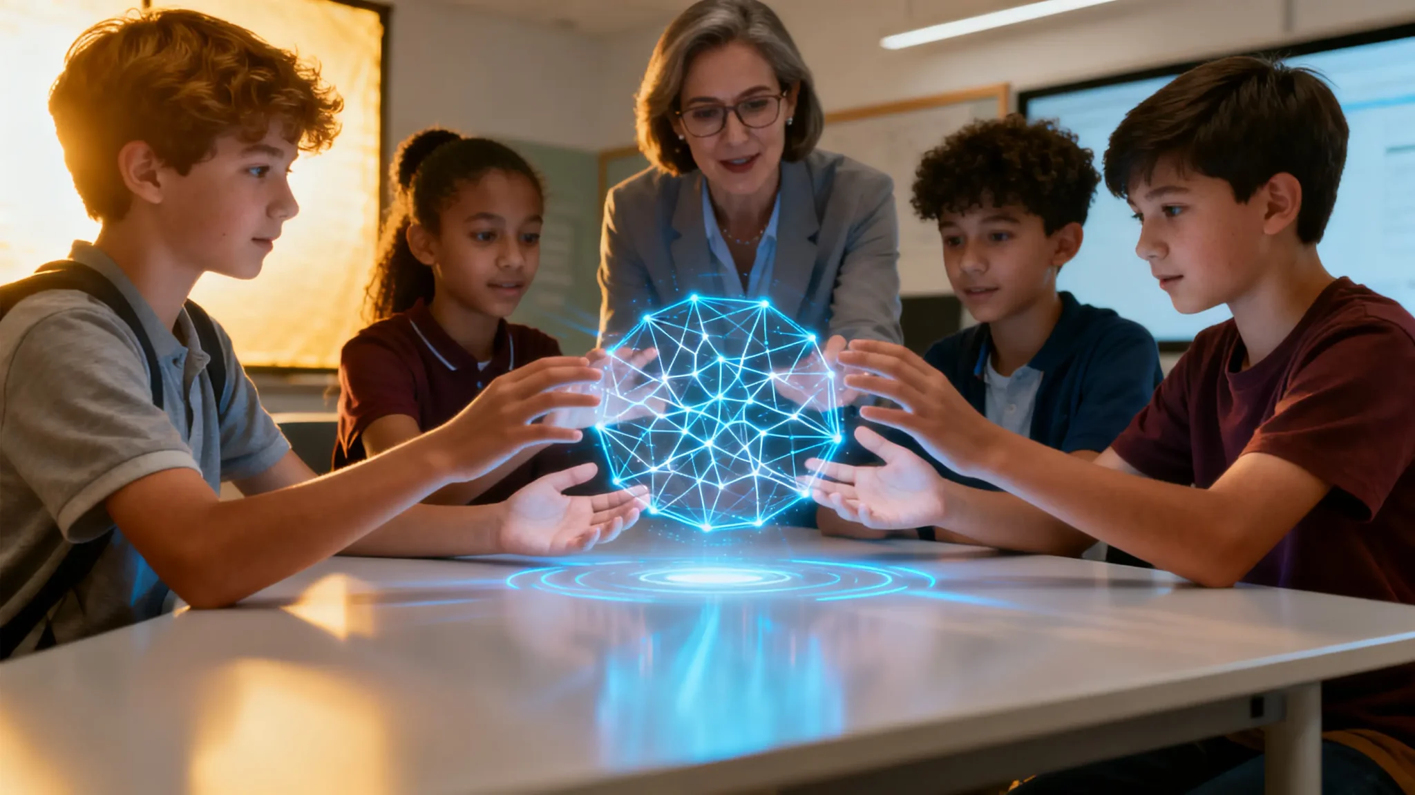 Students and teacher interacting with holographic globe in modern classroom setting