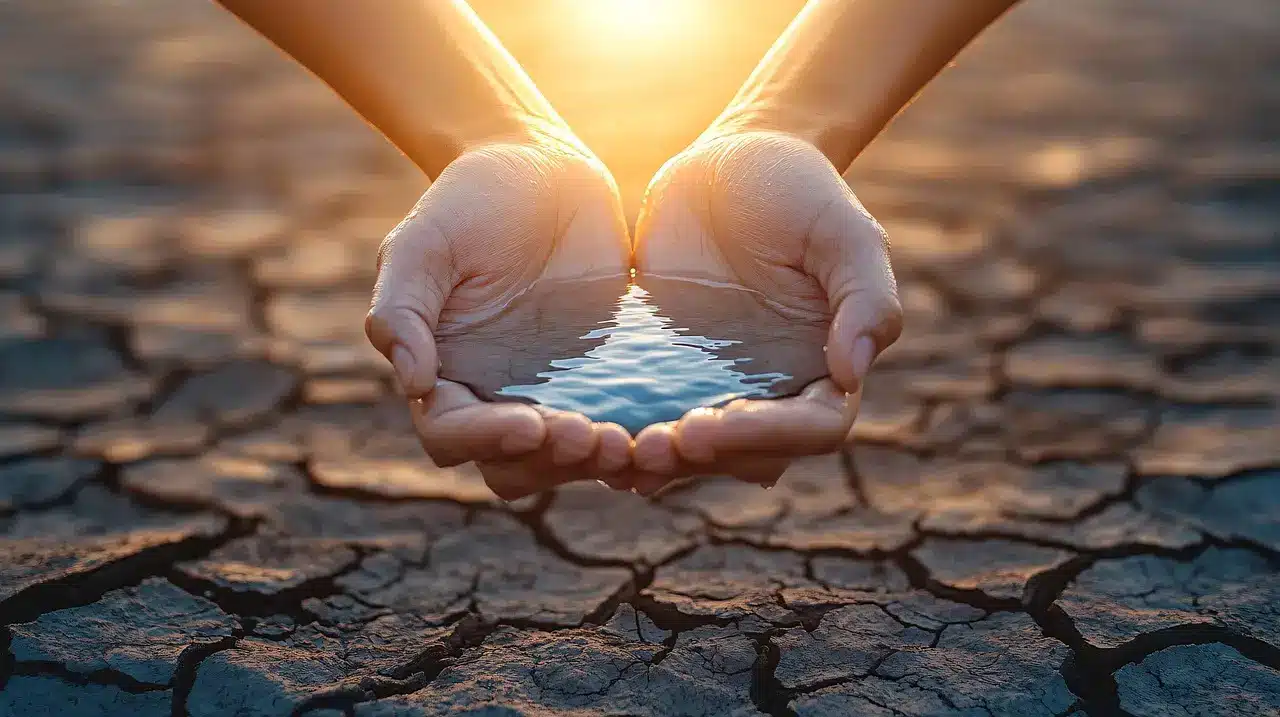 Hands holding water above cracked dry earth under warm sunlight