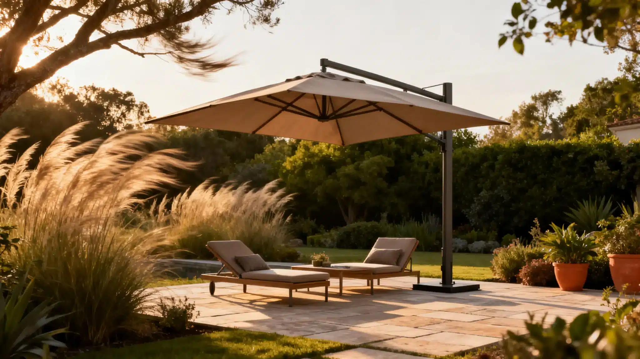 Two lounge chairs under a large umbrella on stone patio in sunny garden setting