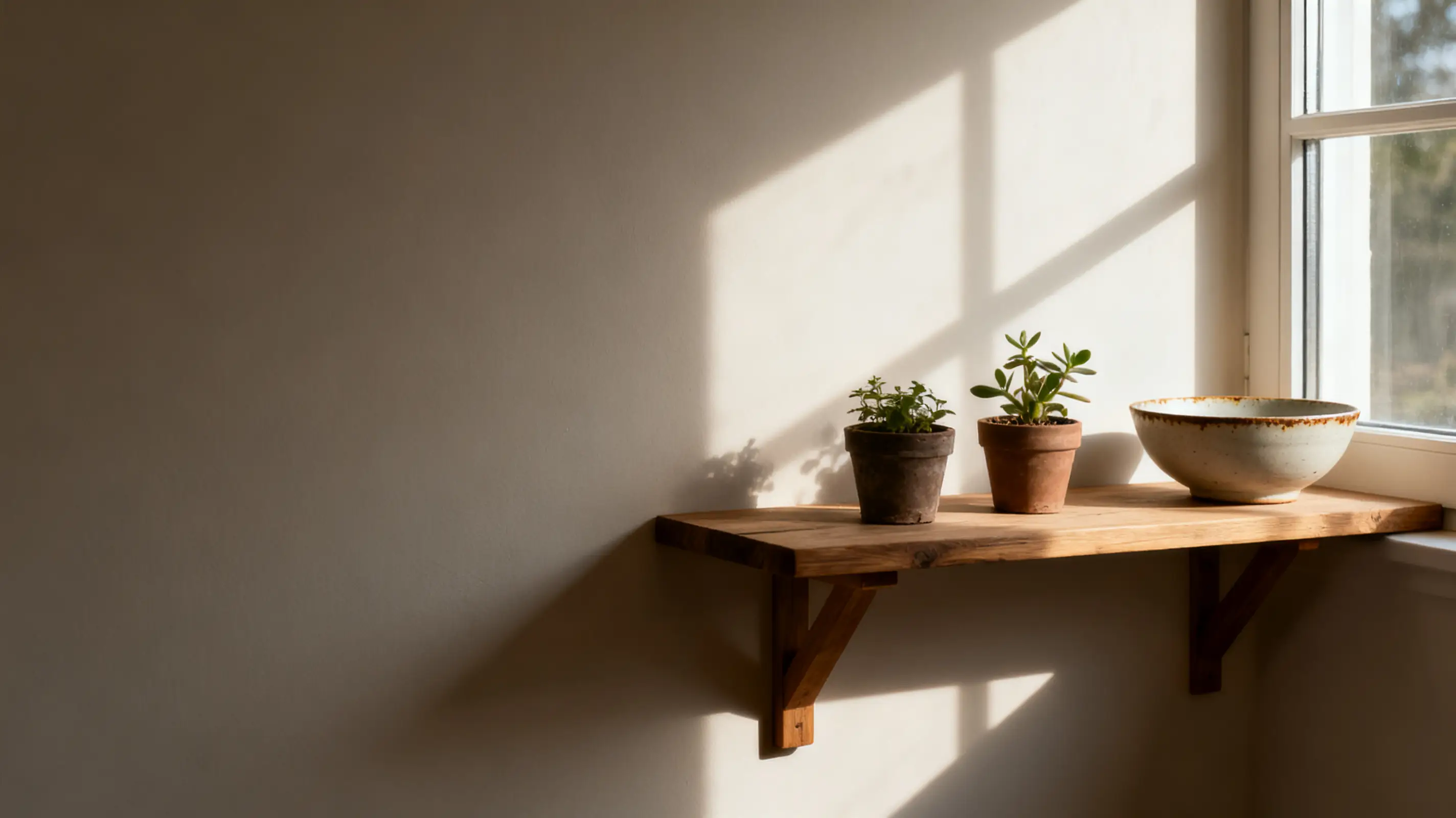 Potted plants and ceramic bowl on wooden shelf in bright sunlight near window