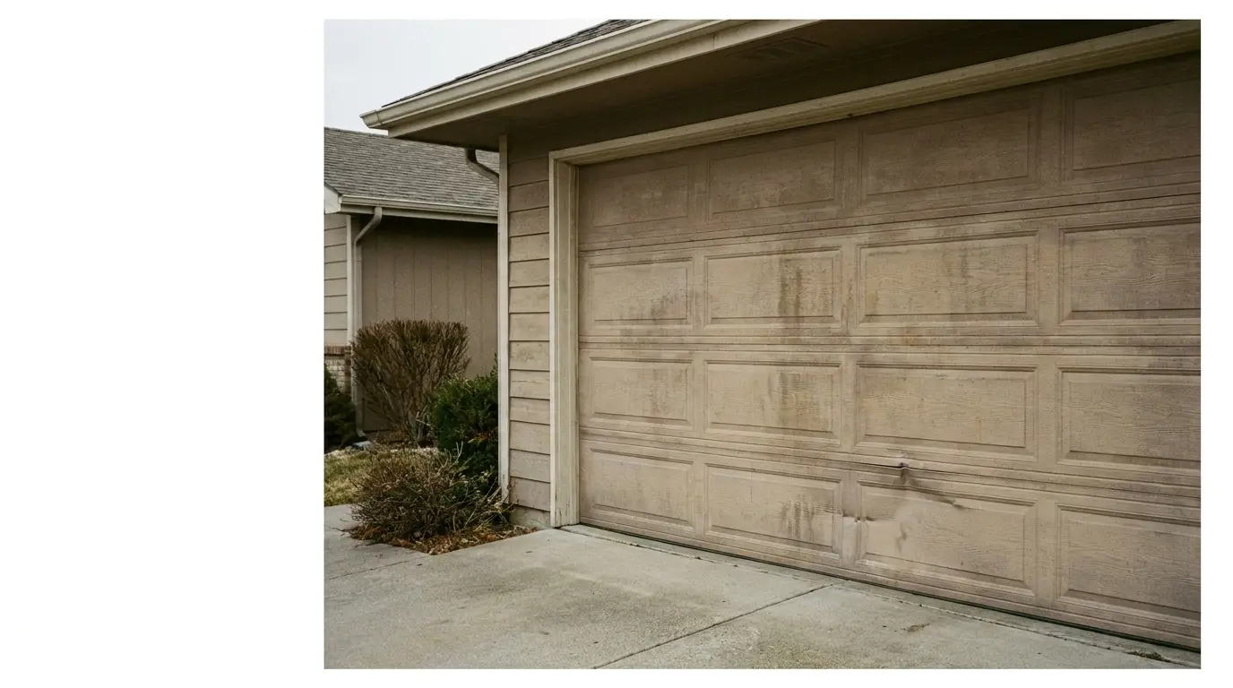 Weathered brown garage door with visible wear and shrubbery nearby in suburban setting