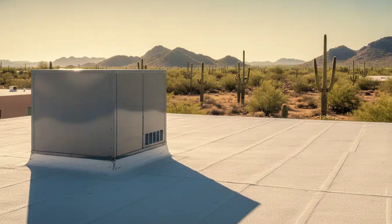 Rooftop air conditioning unit with desert landscape and cacti in background under warm sunlight