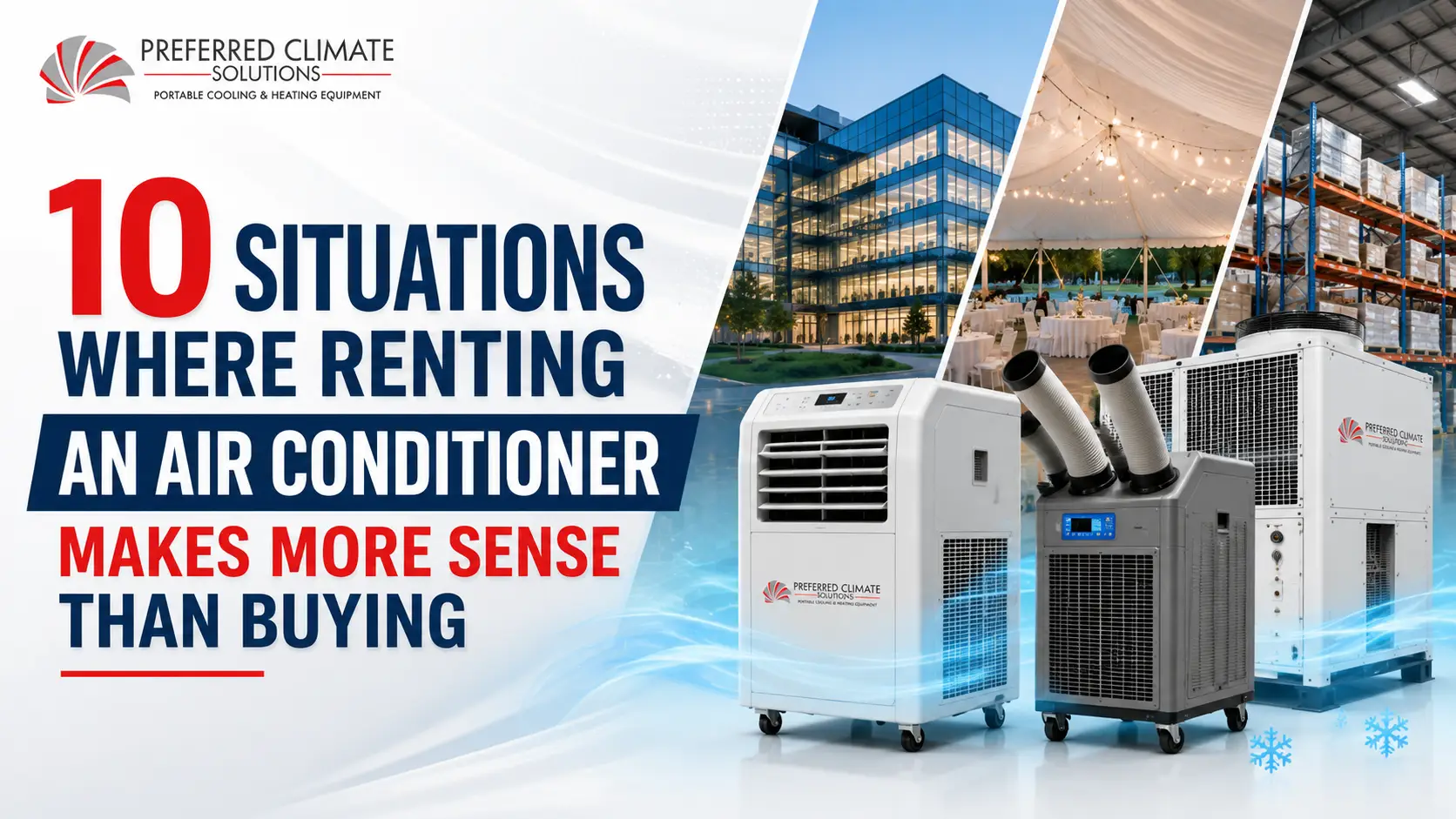 Portable air conditioning units in front of glass office building, tent event, and warehouse storage