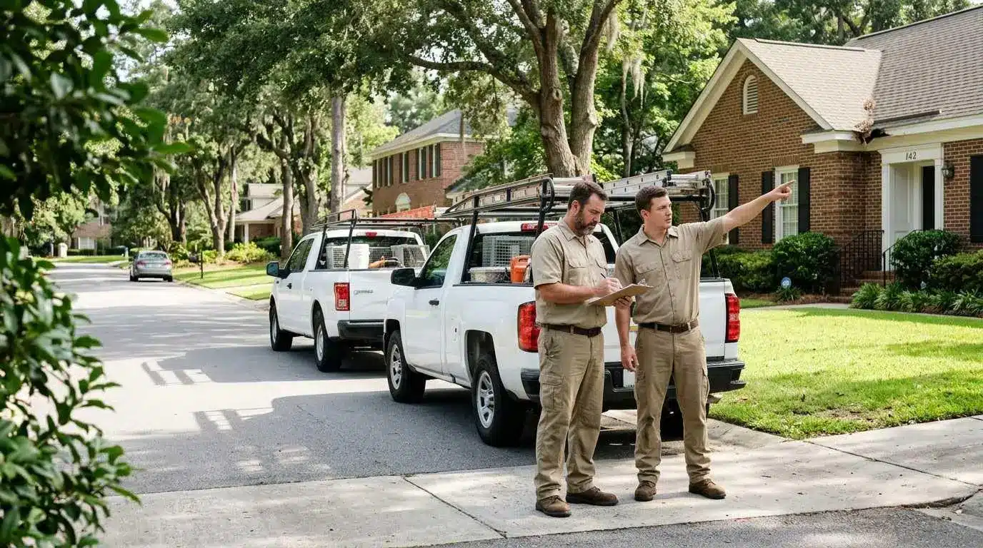 Two uniformed workers standing by white service trucks on suburban street with brick houses