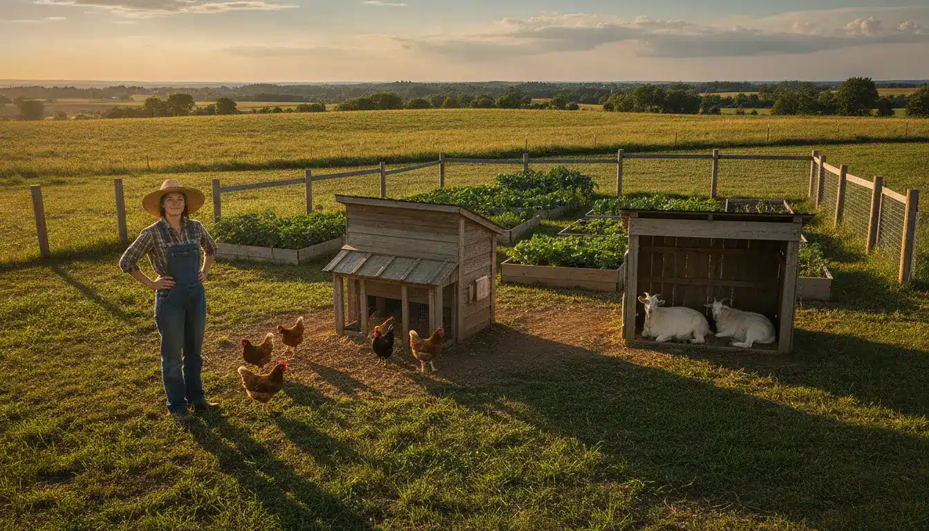 Farmer in straw hat with chickens and goats on a sunny farmyard with garden beds