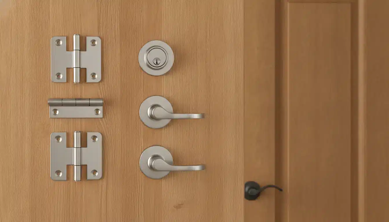 Wooden door with silver hinges and handles, featuring multiple locking mechanisms