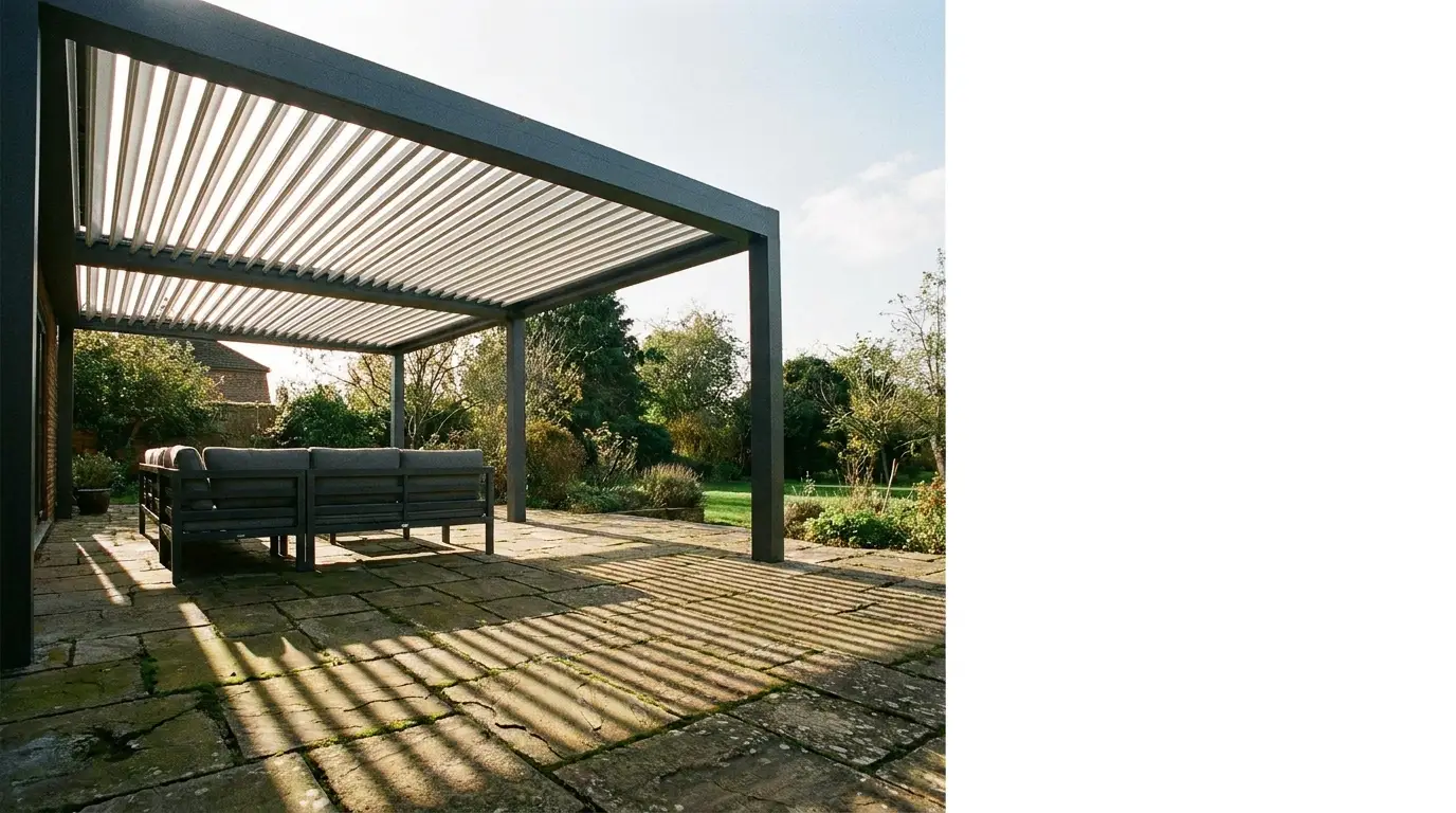 Patio with pergola and outdoor seating on stone tiles in sunny garden environment