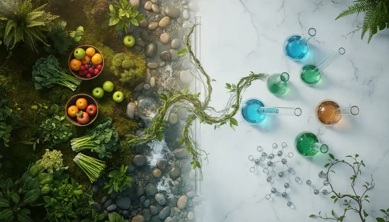 Nature-inspired still life with fruits and vegetables transitioning to colorful chemical flasks on marble surface