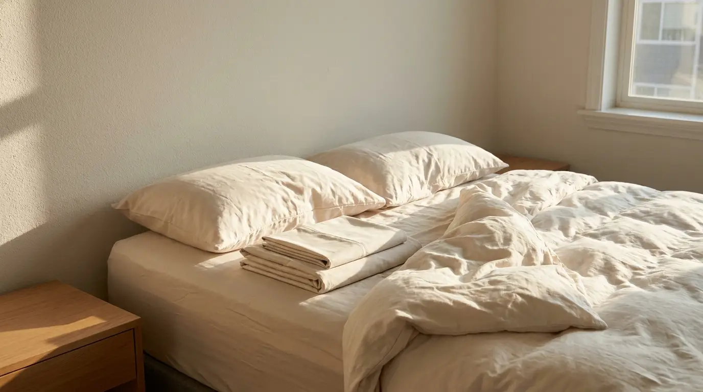 Beige bedding on a neatly made bed with sunlight streaming through window