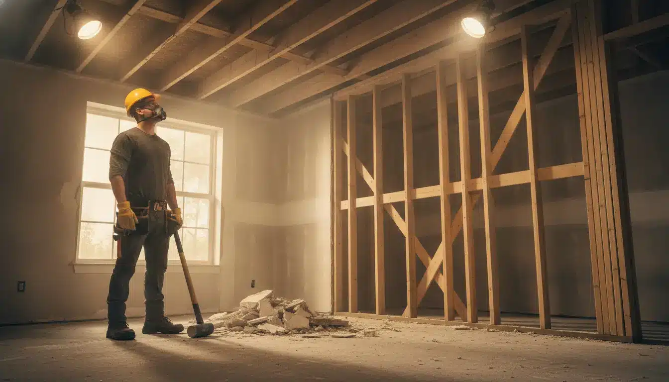 Worker in hard hat and mask stands with sledgehammer in partially constructed room