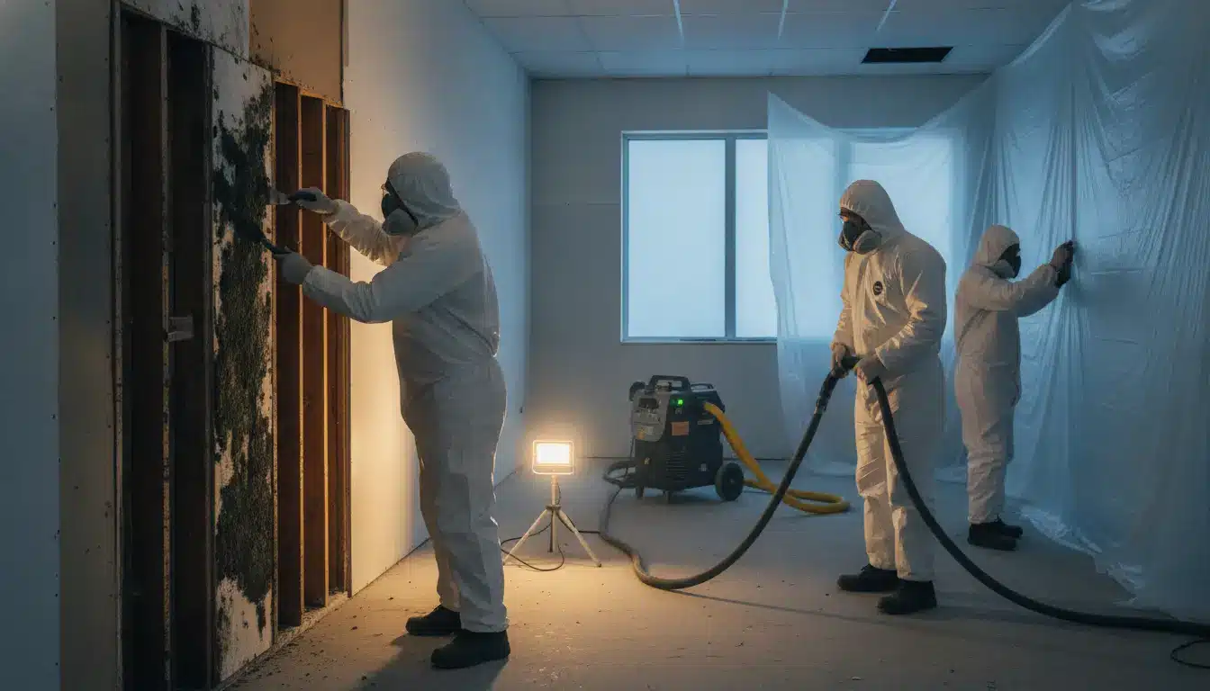 Technicians in protective gear performing mold removal in a dimly lit indoor space