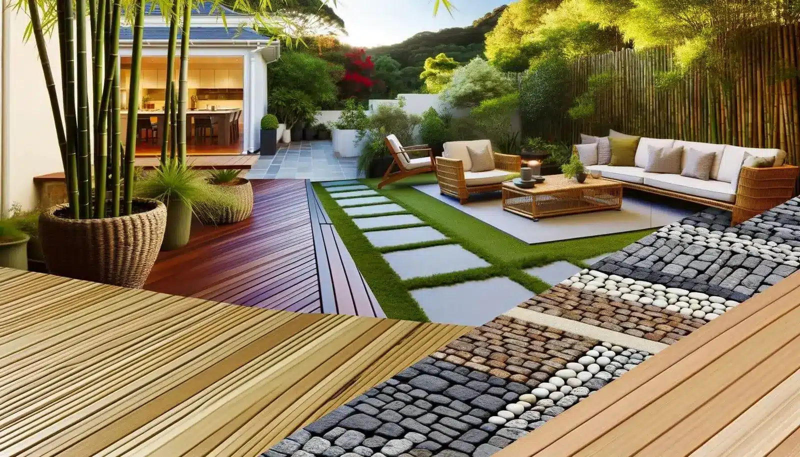 Outdoor patio with wicker furniture, potted bamboo plants, and stone pathway in modern garden setting