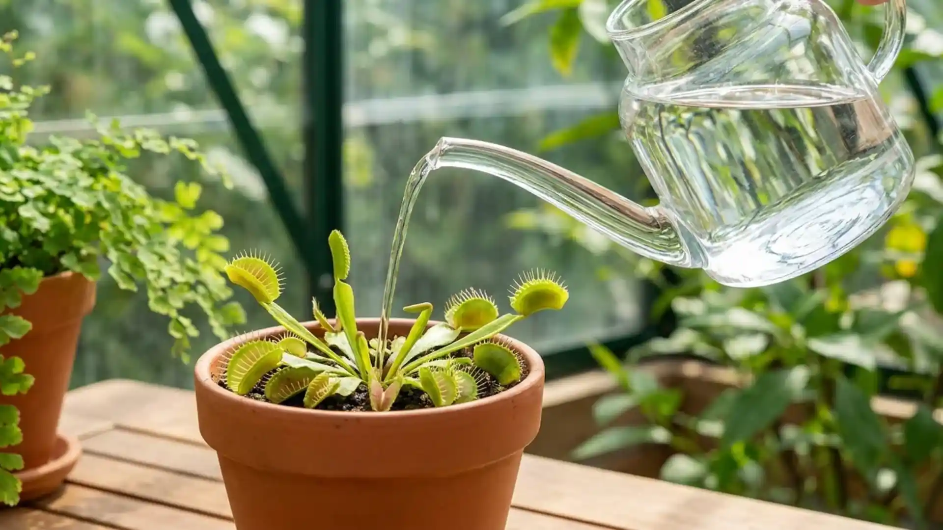 close-up of a glass watering can pouring distilled water into a venus flytrap pot, clean bright background, botanical style
