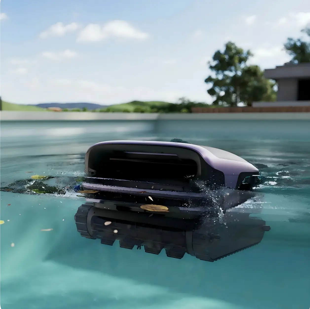 Robotic pool cleaner operating in outdoor swimming pool under clear blue sky