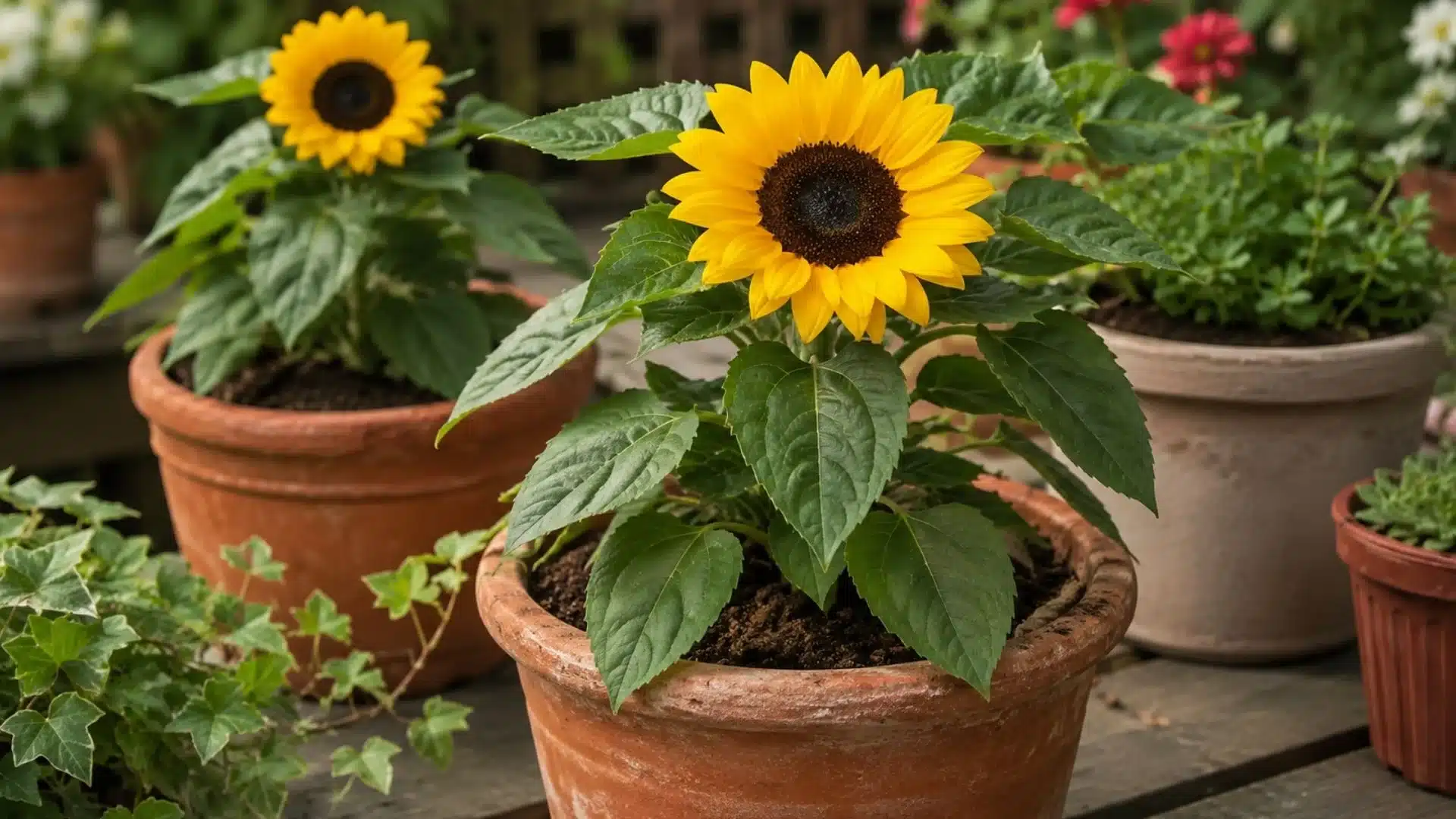 big smile sunflowers growing in terracotta pots among green plants in a realistic outdoor garden setting