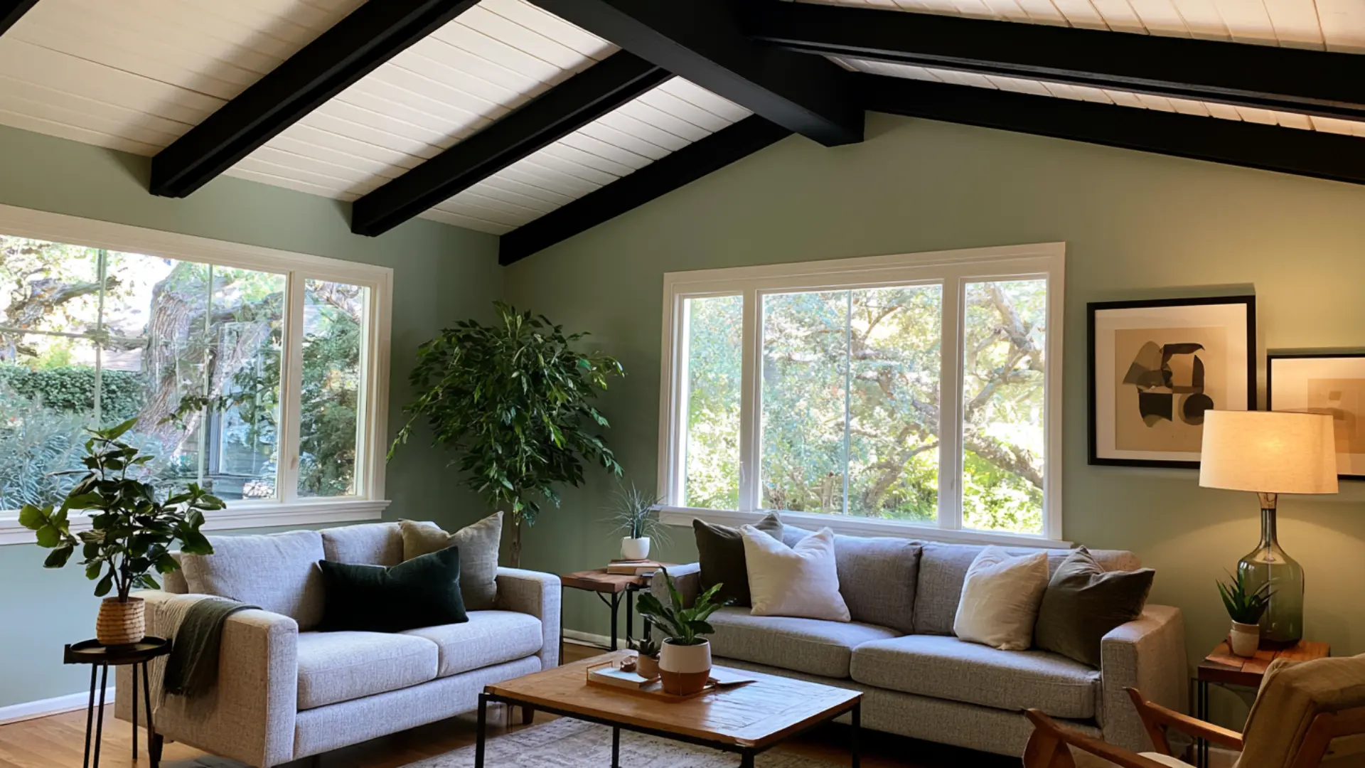 black beam vaulted ceiling against sage green walls with grey sofas and large windows