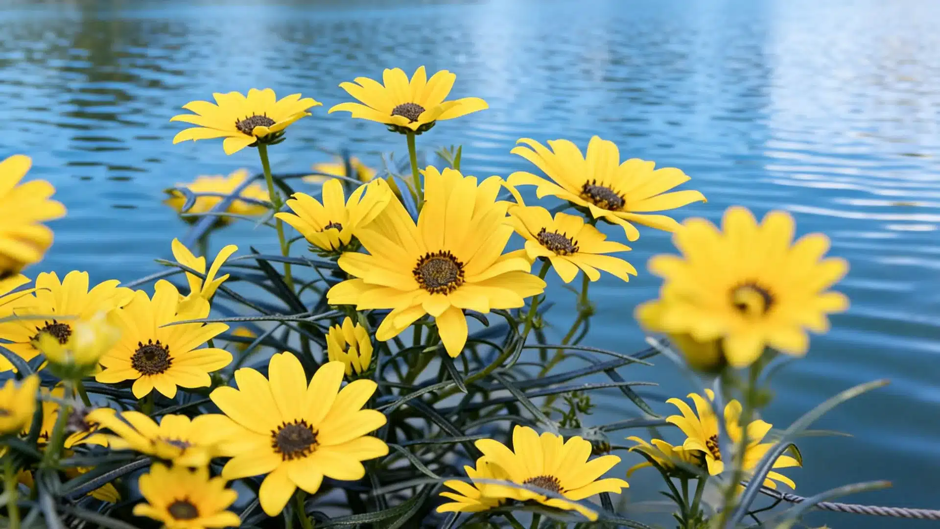 bright yellow daisies blooming beside calm blue water with green foliage in the foreground