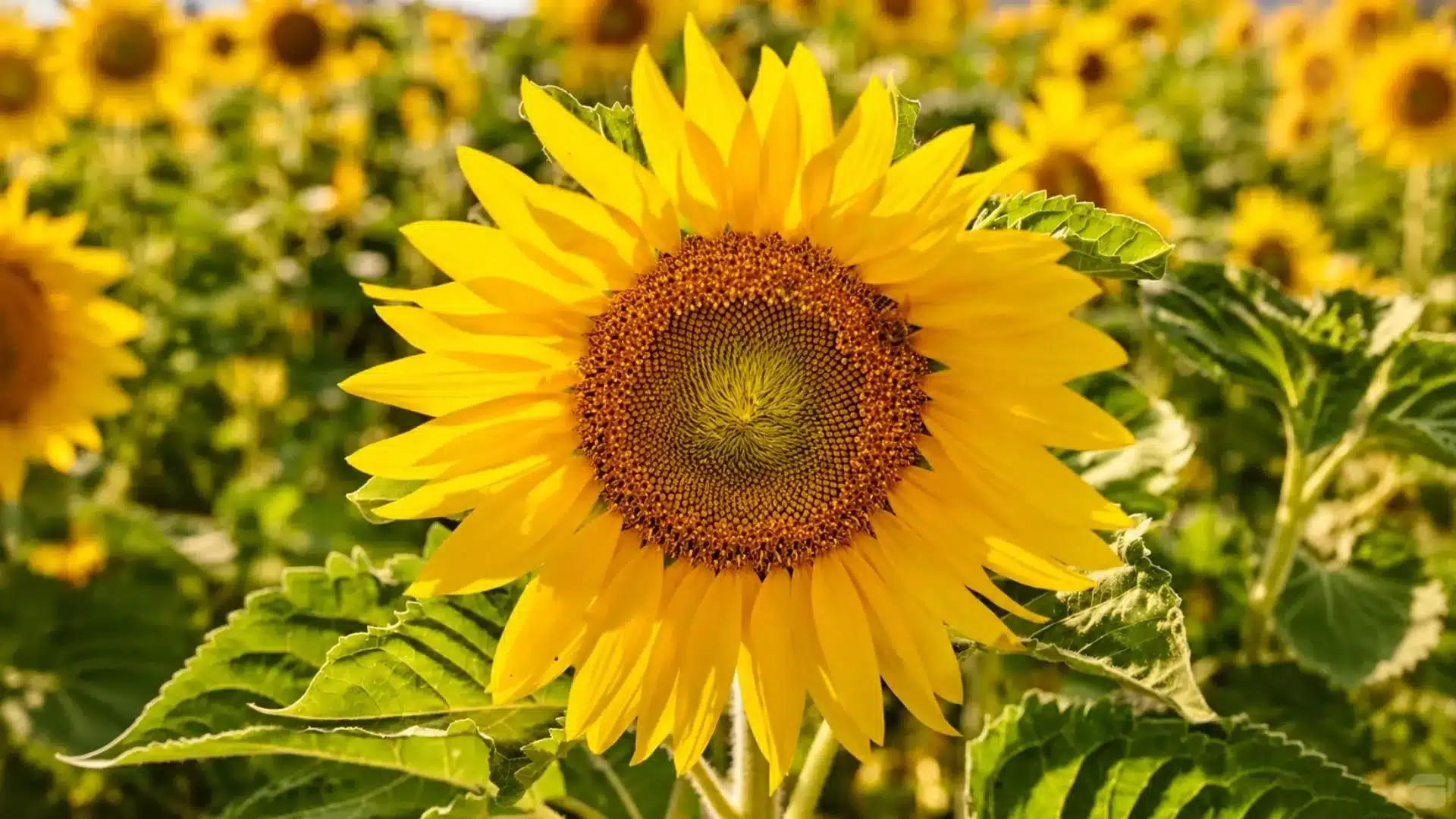 bright yellow sunflower with detailed seed center surrounded by green leaves in a sunny flower field background