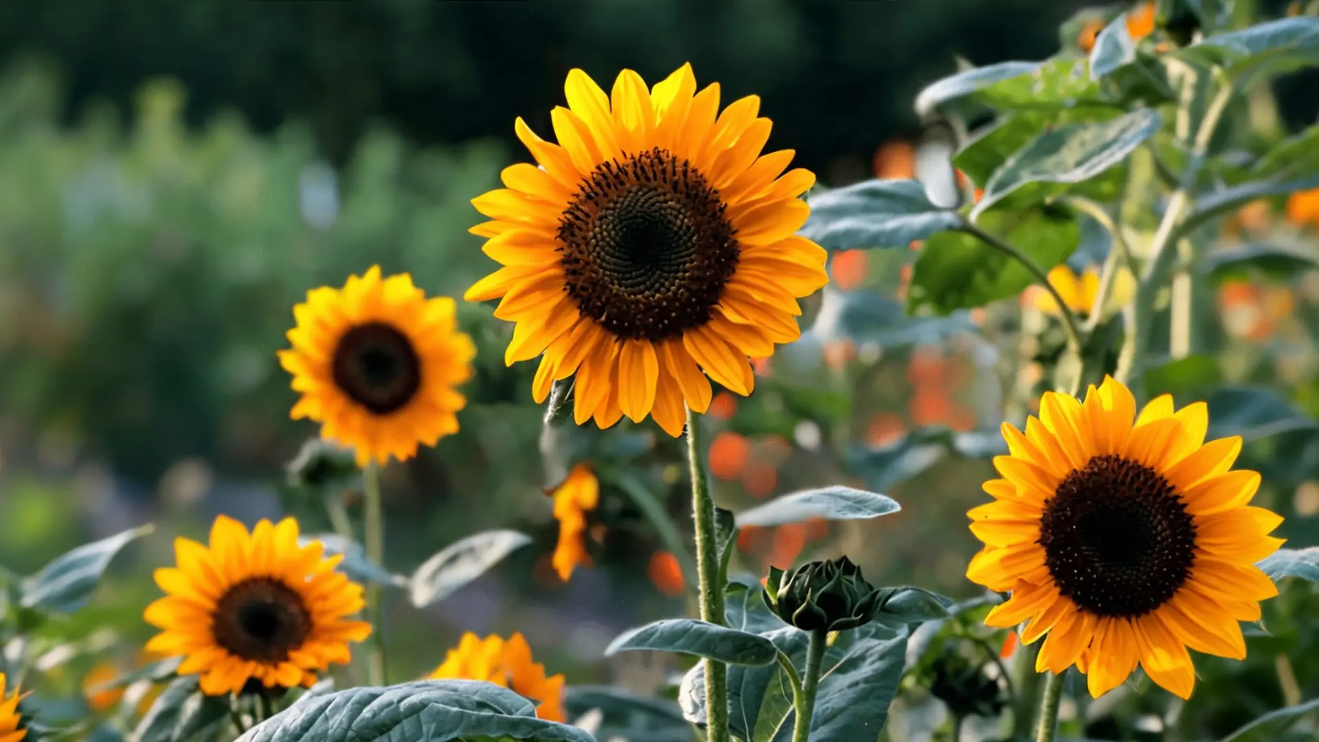 bright yellow sunflowers blooming among lush green leaves in a sunny garden setting