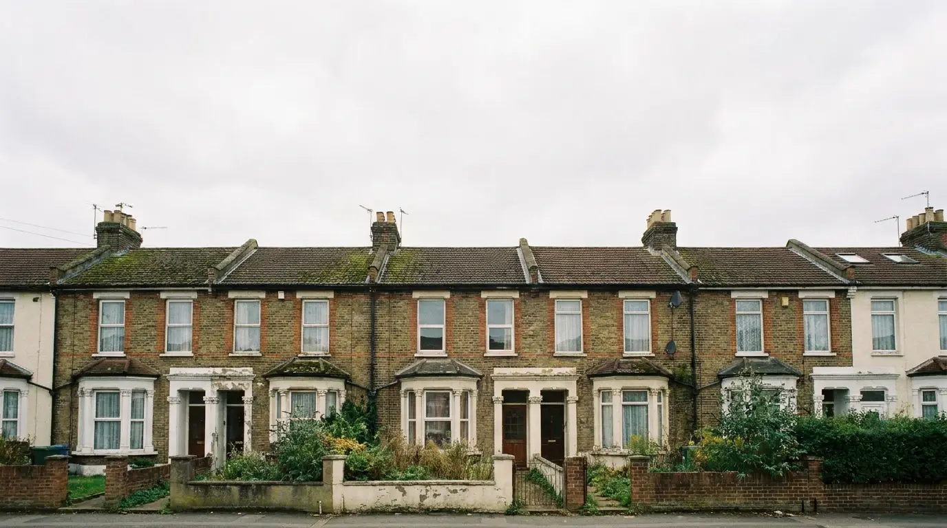 Row of brick terraced houses with front gardens on a cloudy day