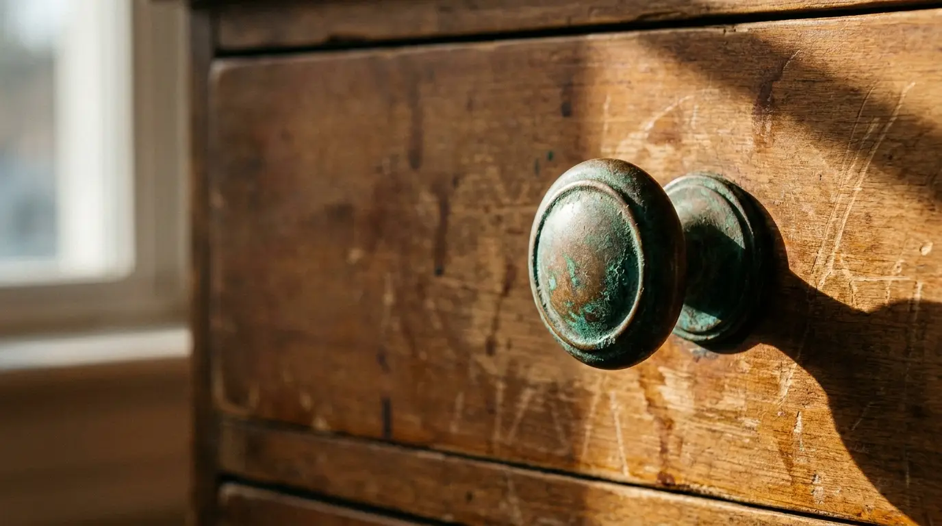 Close-up of rustic wooden drawer with round metal knobs in warm natural light
