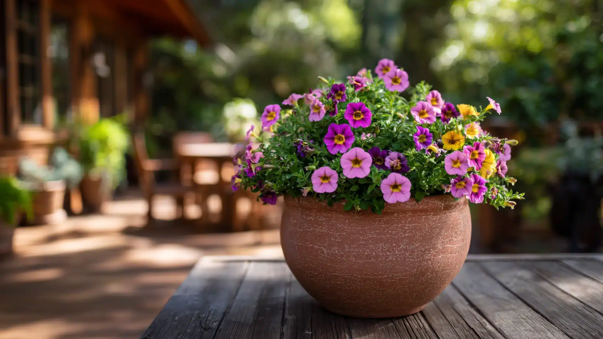 terracotta pot with pink, purple, and yellow calibrachoa blooms on a wooden patio table