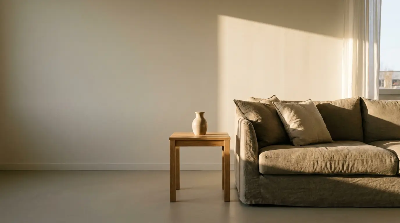 Beige sofa with cushions and ceramic vase on wooden table in sunlit room