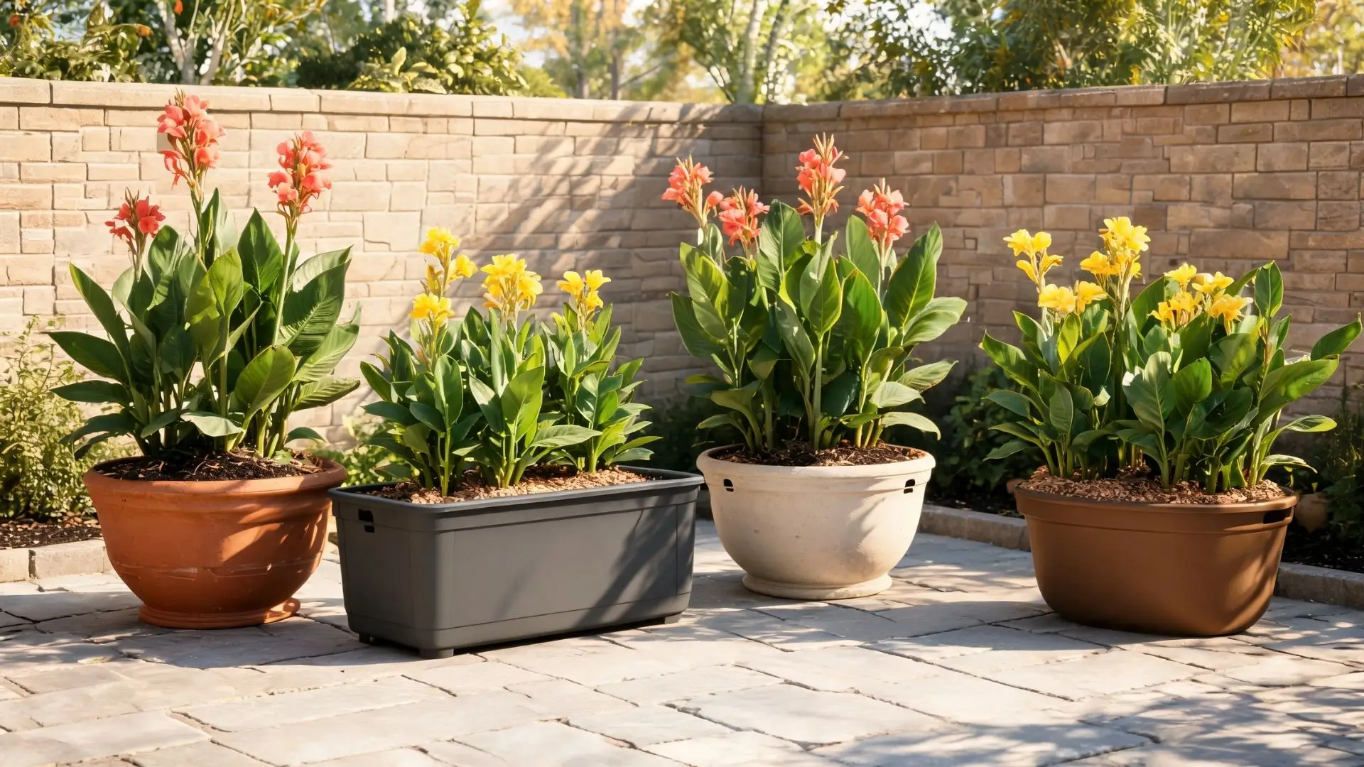 canna lilies with colorful flowers growing in large pots on a sunny stone patio with green foliage and brick wall background