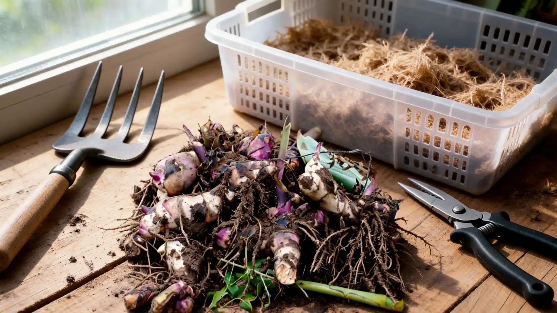 canna-rhizomes-being-cleaned-and-prepared-for-winter-storage-with-gardening-tools-and-a-ventilated-storage-container-nearby