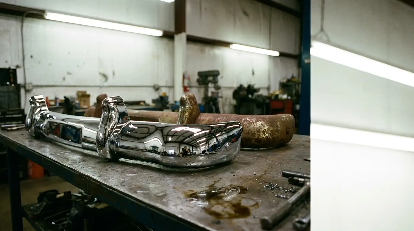 Chrome car bumper on a workbench in an industrial workshop setting