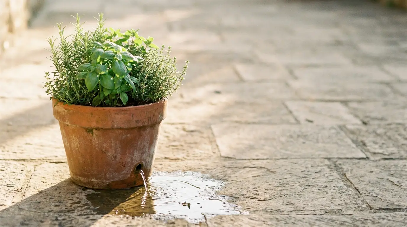 Terracotta pot with herbs on sunlit stone patio with water drainage