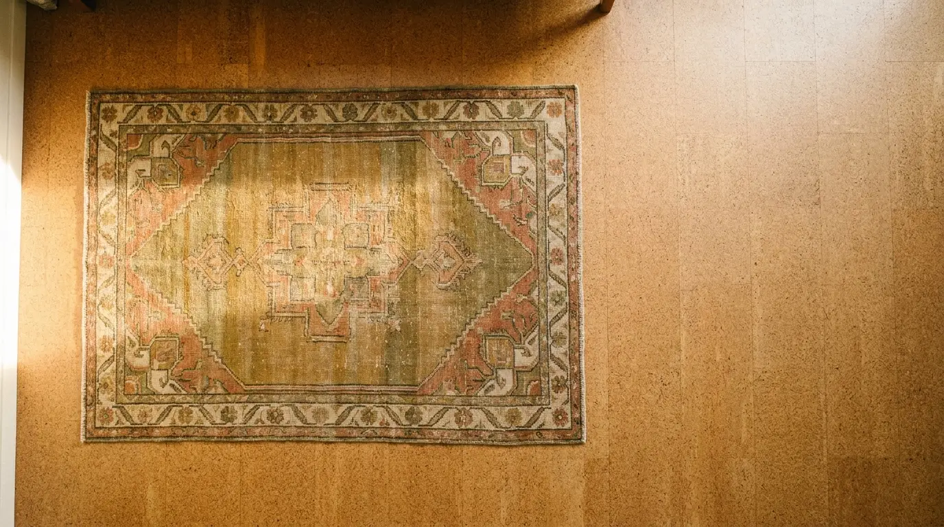 Ornate vintage rug with geometric patterns on warm-toned wooden floor