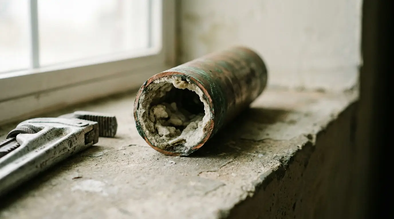 Corroded metal pipe with mineral buildup next to wrench on concrete windowsill