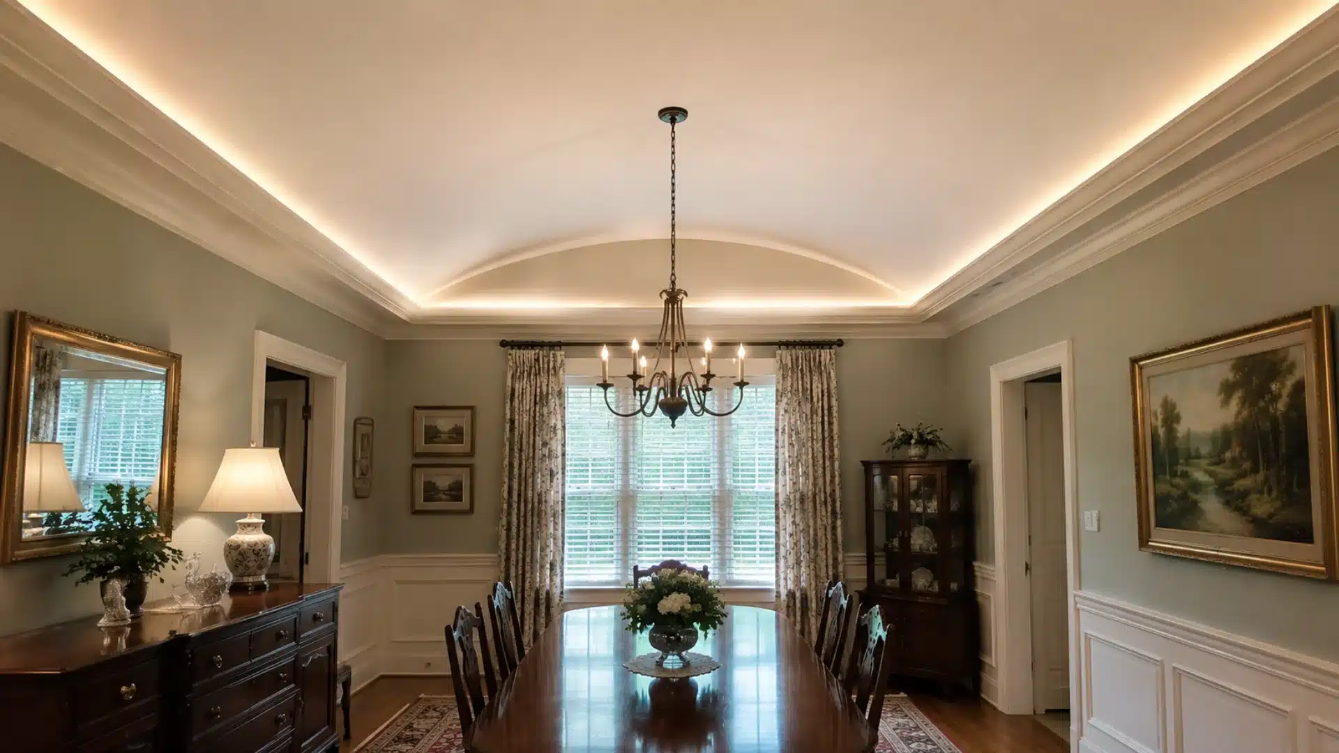 cove vaulted ceiling with a concave curve above a formal dining room