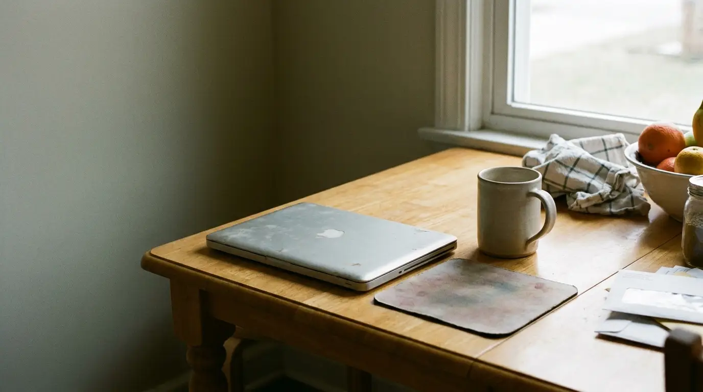 Laptop and mug on wooden kitchen table near window with fruit bowl and dish towel