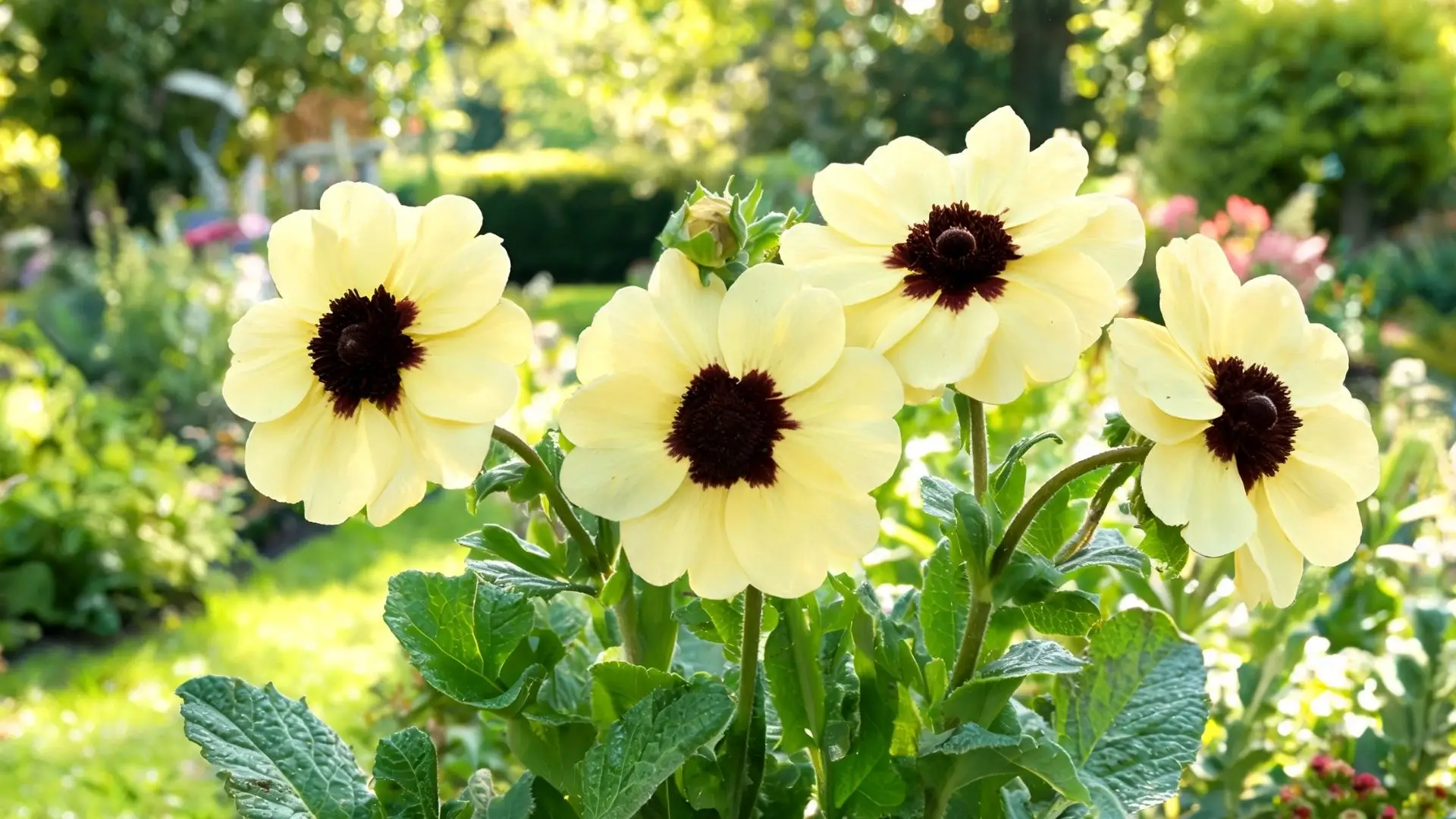 cream colored flowers with dark centers blooming in a sunny green garden with blurred foliage background