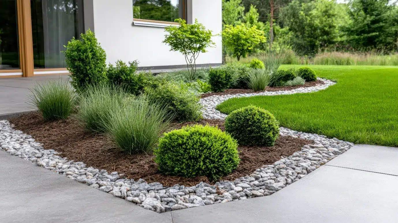 Modern garden with neatly trimmed shrubs and decorative gravel border in an outdoor residential setting
