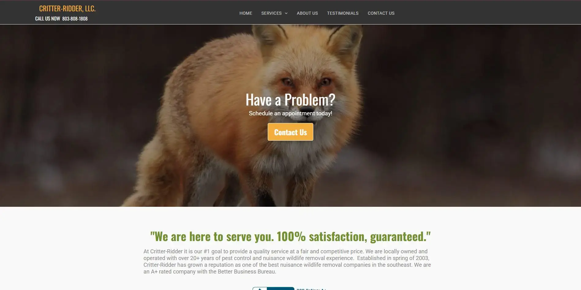 Fox standing outdoors with text overlay about contacting pest control service